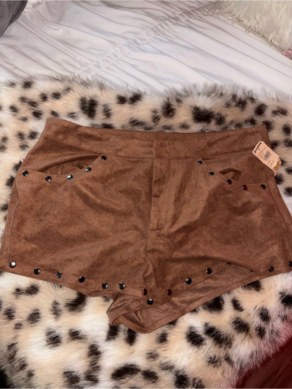 Brown Suede Studded Women's Micro Shorts